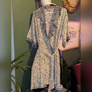 Vintage R Michael Alan Cottagecore Wrap Robe Pockets Blue Ruffle White 90s 80s